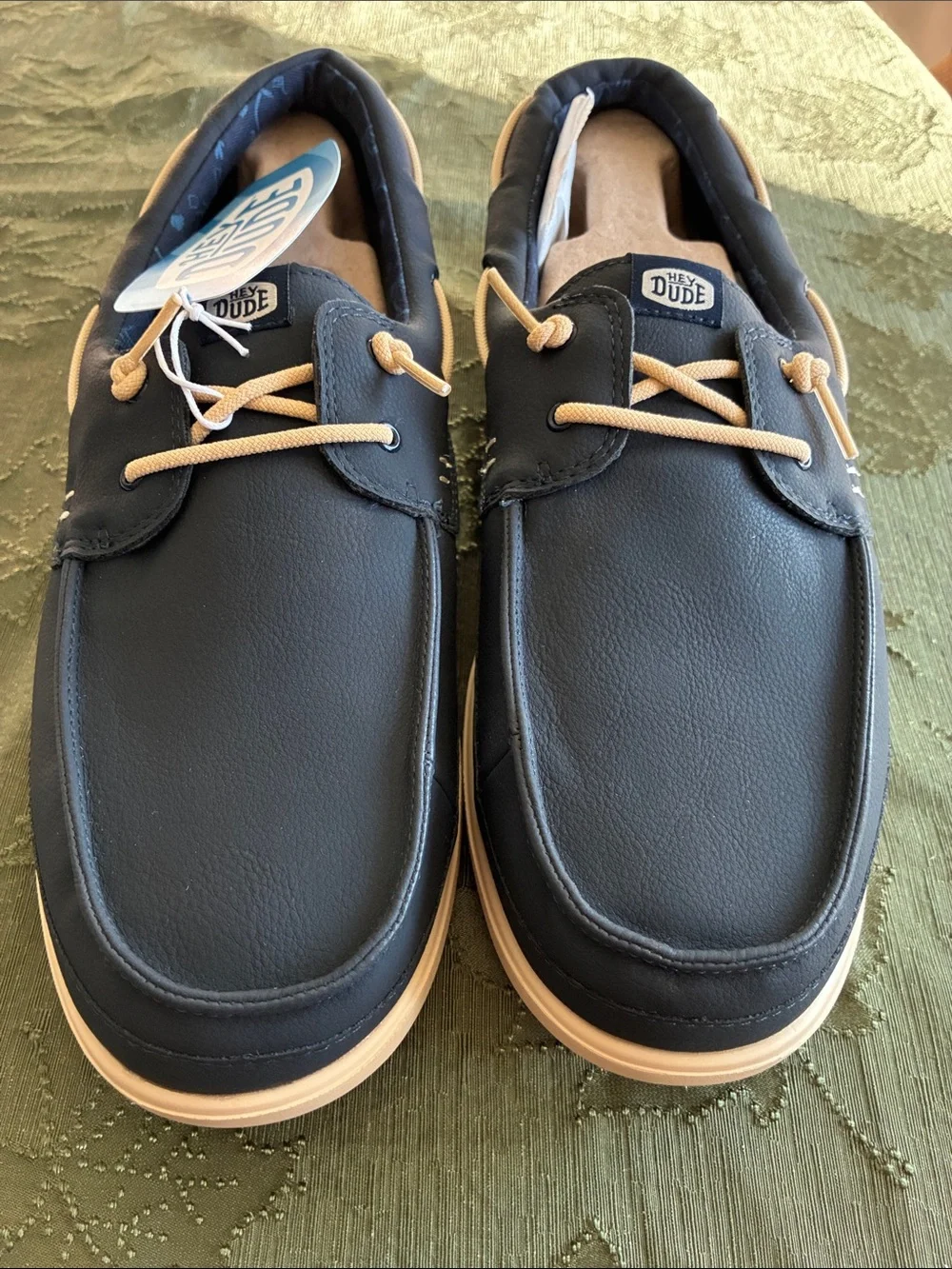 Hey Dude Men's Harbor Lo Navy Boat Shoes with Tan Laces